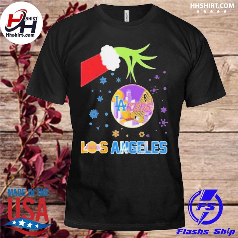 Los angeles lakers the grinch hand holding ornament los angeles lakers and los angeles dodgers Christmas sweater