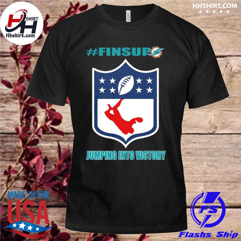 Miami Dolphins fins up jumping into victory shirt