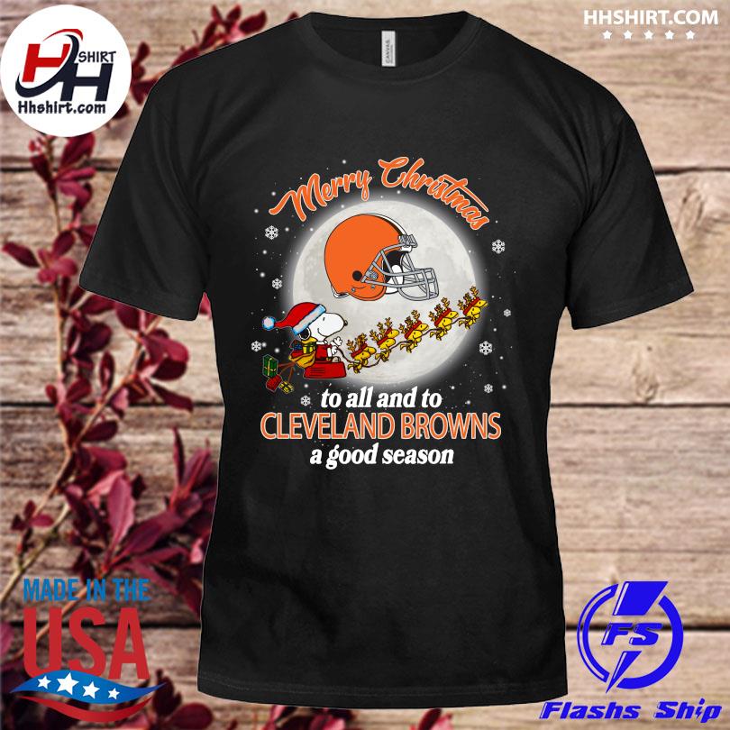 Santa snoopy and woodstock merry Christmas to all and to Cleveland Browns a good season sweater