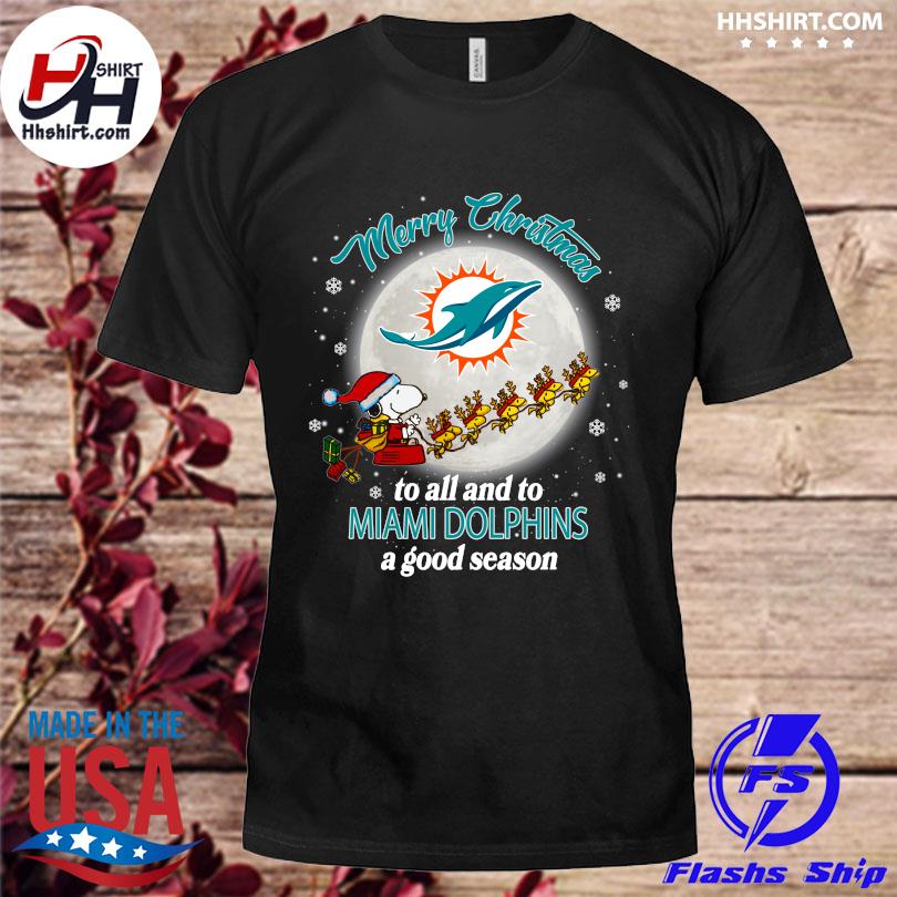 Santa snoopy and woodstock merry Christmas to all and to Miami Dolphins a good season sweater