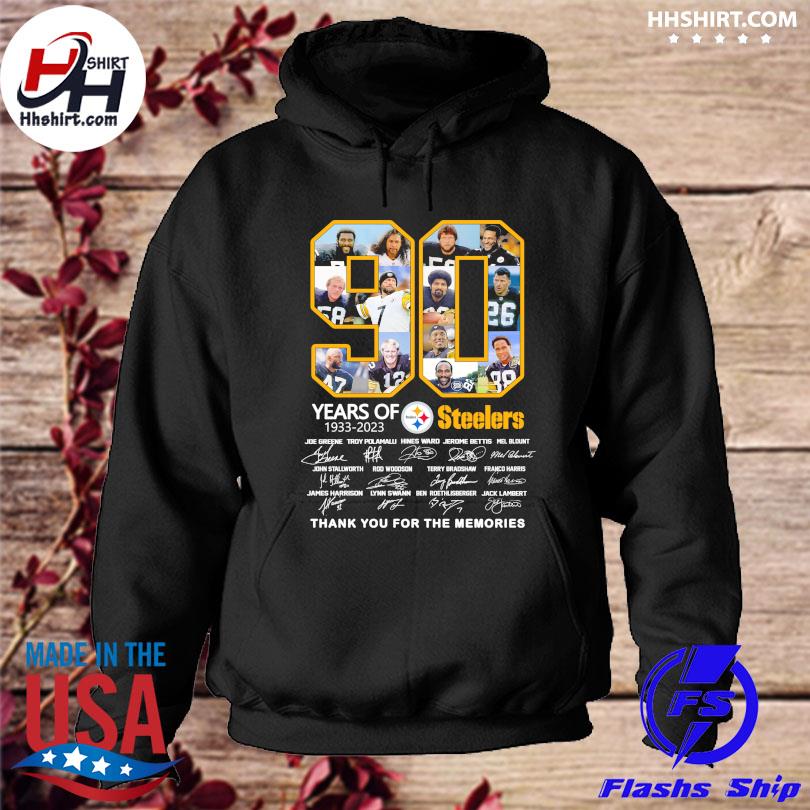 Funny Pittsburgh steelers 90 years of 1933 2023 thank you for the memories  signatures shirt, hoodie, sweater, long sleeve and tank top