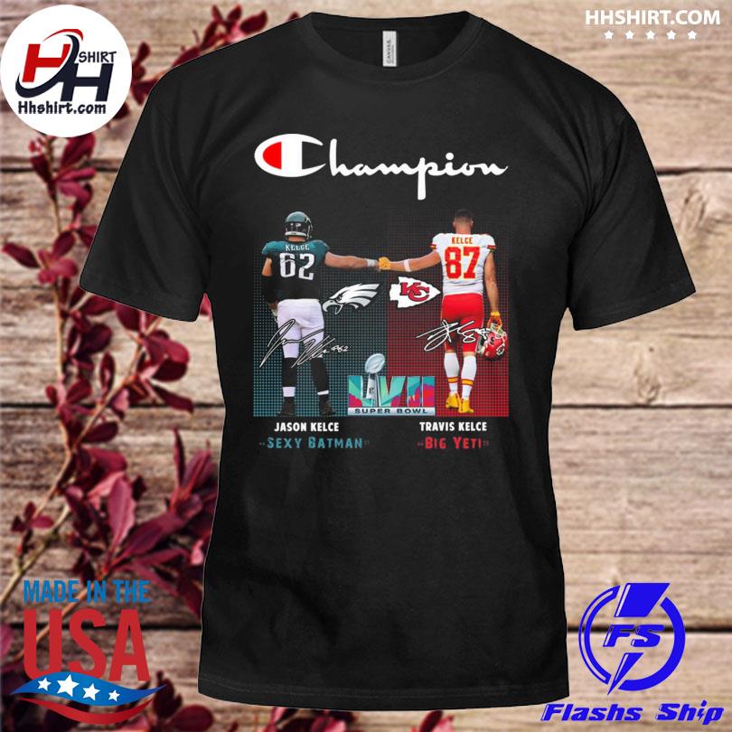 Jason kelce vs travis kelce first brothers philadelphia eagles vs Kansas city Chiefs super bowl lvii 2023 signatures shirt
