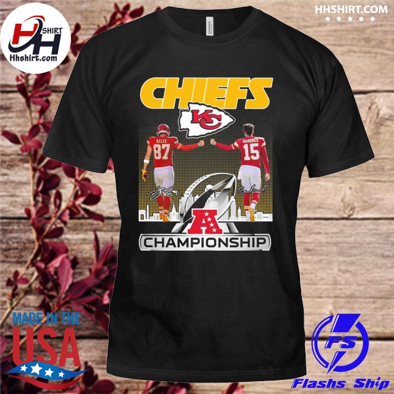 Kansas city Chiefs kelce and mahomes champions signatures shirt
