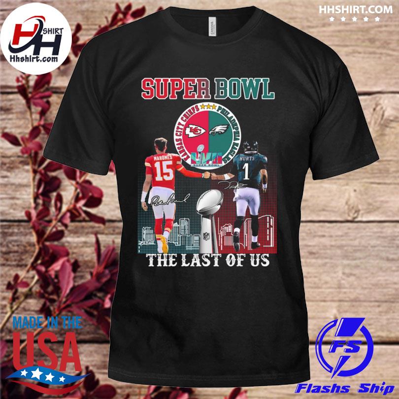 Kansas city Chiefs patrick mahomes ii and philadelphia eagles jalen hurts super bowl the last of us signatures shirt