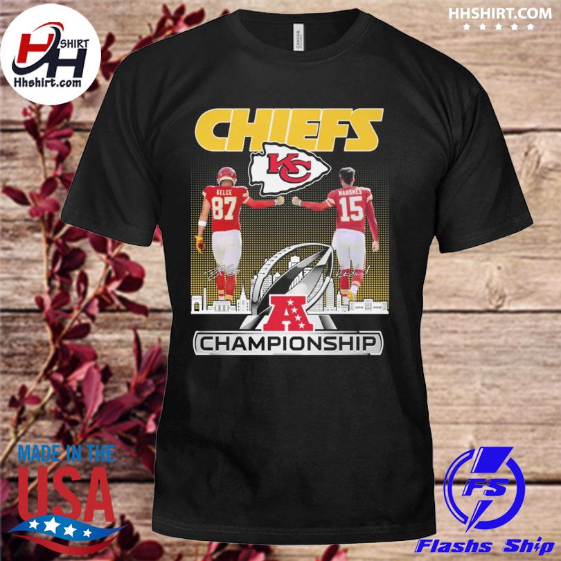 Kansas city chiefs Travis Kelce and Patrick Mahomes II championship signatures shirt