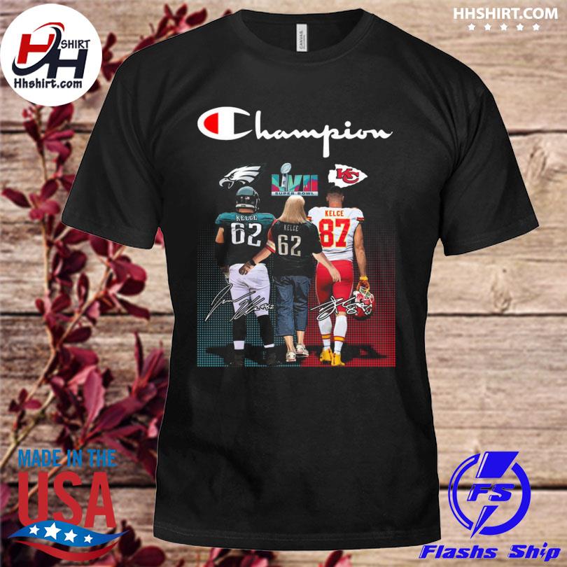 Travis kelce and jason kelce and mother signatures champions shirt