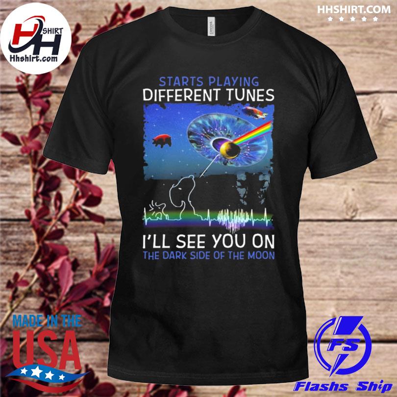 Snoopy starts playing different tunes I'll see you on the dark side of the moon shirt