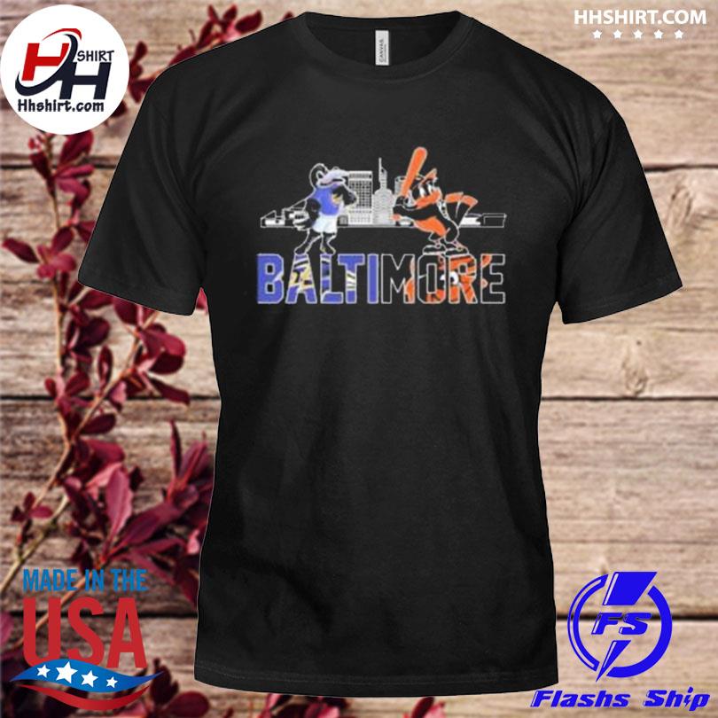 The oriole bird and poe mascots baltimore skyline sports shirt