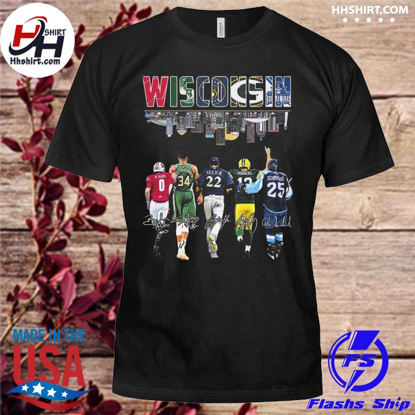 Wisconsin sports team allen yelich rodgers and antetokounmpo signatures 2023 shirt