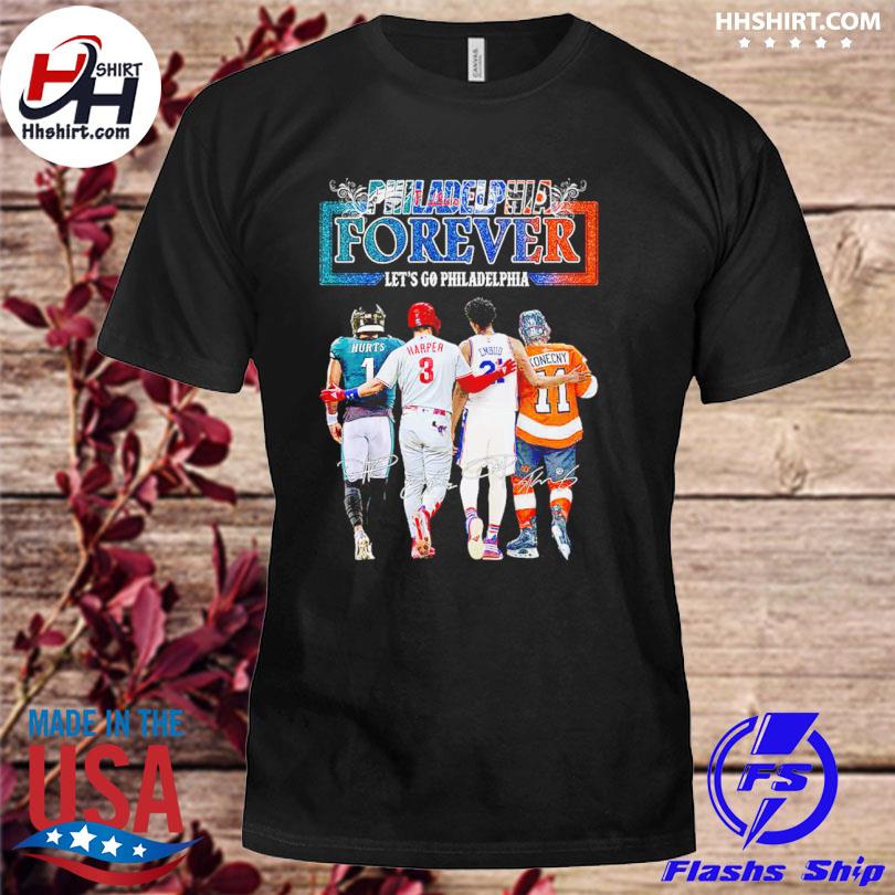 Philadelphia city Bryce Harper Jalen Hurts Joel Embiid Travis Konecny  sports player skyline signatures shirt, hoodie, sweater, long sleeve and  tank top