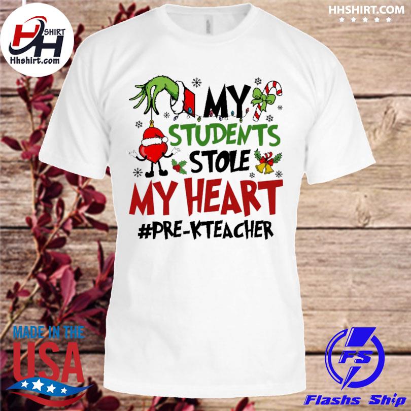 Grinch hand my students stole my heart Pre-K Teacher 2023 merry Christmas sweater