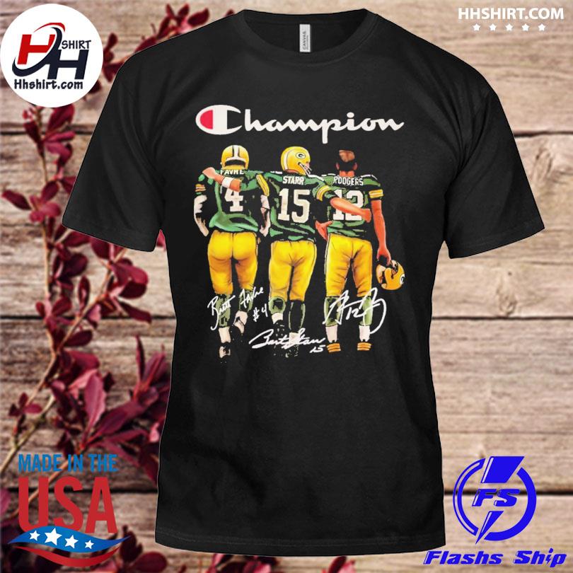 Packers Champion Quarterback Brett Favre Bart Starr and Aaron Rodgers  Signatures T-Shirt